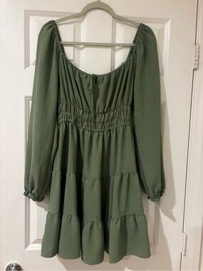 Liberty Love Olive Green Peasant Tie-Front Mini Dress